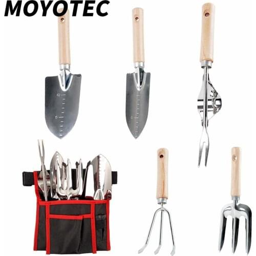 MOYOTEC Garden Tool Set, 5 Pieces Stainless Steel Heavy Duty Gardening Kit with Wooden Handle and Waist Tote Bag