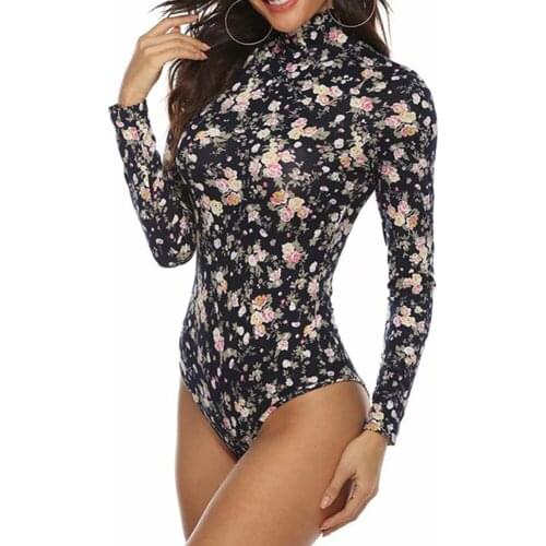Sexy Print Floral Bodycon Bodysuit Tops Women Turtleneck Long Sleeve Navy Blue Jumpsuit Spring Fall Slim Body Suits Clothes