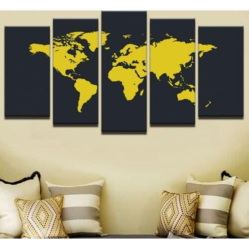 Modern Abstract Paintings Art Poster Prints Black Background Canvas Art 5 Pieces Yellow Watercolor Splashes World Map Wall Decor