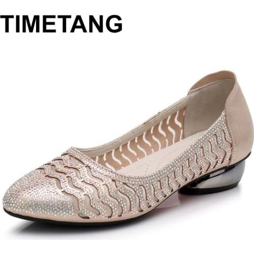 TIMETANG Women High Heel Shoes Hollow Summer Genuine Leather Shoes Woman Fashion Shoes Low Heels Plus Size 34-43