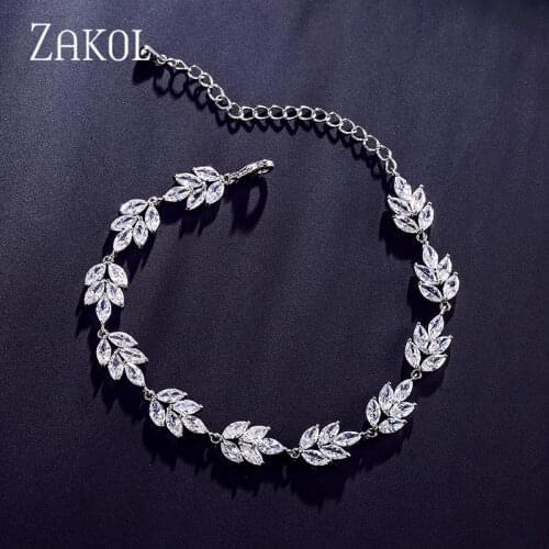 ZAKOL Luxury High Quality Shiny White Cubic Zirconia Leaf Chain Bracelets for Women Wedding Crystal Jewelry Gift BP2117