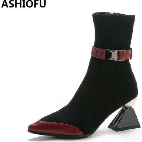 ASHIOFU 2020 New Womens Ankle Boots Strange-heel Style Sexy Club Mid-heel Boots Pointed Toe Fashion Dress Evening Short Boots