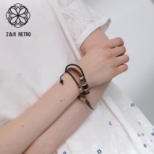Genuine Leather Neutral Bracelets & Bangles Women Colorful Wooden Beaded Bracelet With Zinc Alloy Bracelets for Women Gifts 2021