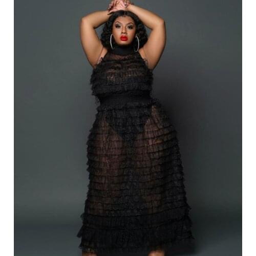 Women Set Black Sexy Mesh See Through Sleeveless Lace Ruffles Bodysuit + Long Two Piece Sets Night Party Outfits plus size 5XL