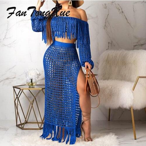 Dress Sets Women Solid Hallow Out Tassel Short Tops Long Skirt Sexy Two-piece Suit Straight Full Sleeve Slash Neck Clothing Set