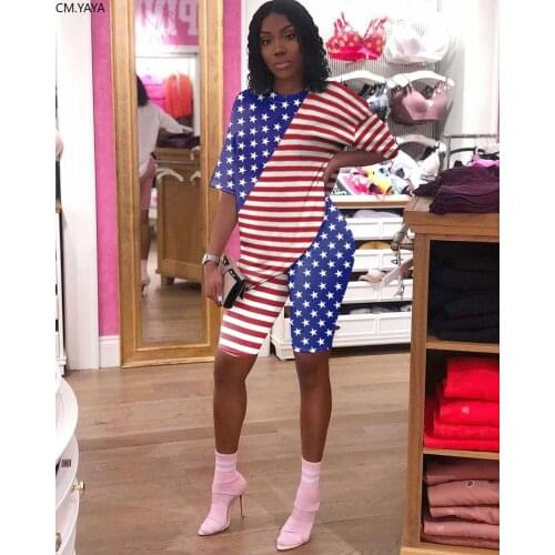 CM.YAYA women American Flag Print o-neck short sleeve irregular hem t-shirt tops shorts jogger pants suit two piece set outfits