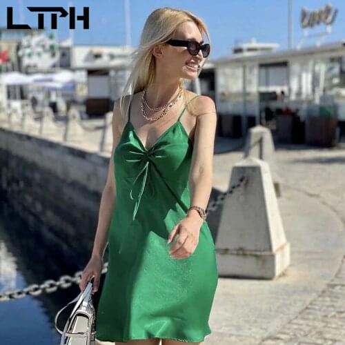 LTPH sexy V-neck Backless women dress silk satin sleeveless camisole short underwear Drawstring green dresses 2021 summer new