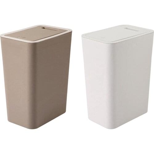 2X 12L Bathroom Trash Can Toilet Kitchen Waste Bin Dustbin Garbage Bin Press Lid-Beige & Brown
