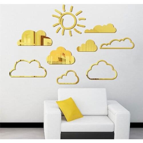3D Sun Clouds Mirror Wall Stickers Acrylic Mirror Wall Decals DIY Removable Sun Pattern Modern Mirror Surface Wall Decor for Bed