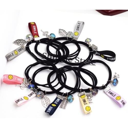 6PCS Mixed Color Hair Accessories Smile Crystal Charm Beads Elastic Hair Bands Accessories Girls Headwear Women Charms Tie Gum