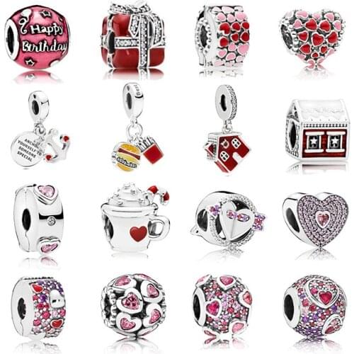 925 Sterling Silver Red&Pink Asymmetrical Heart Pavé Clip Charm Fit Original Pandora Bracelet DIY Jewelry for Women Valentine