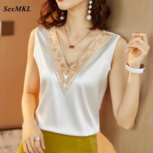 2021 Summer White Blouses Plus Size Elegant Satin Blouses Women Silk Tops Sleeveless Fashion Korean Lace V-neck y2k Loose Blusas