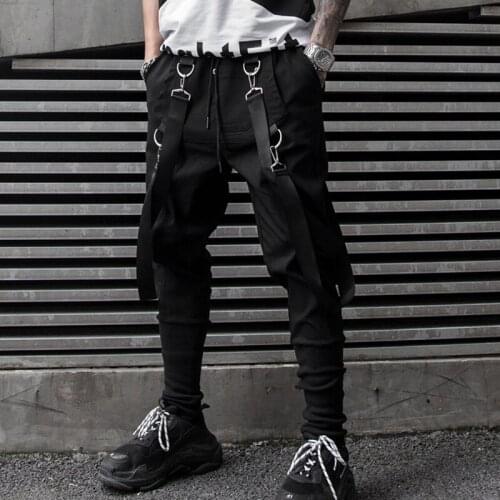 Punk Harem Pants Men Streetwear Ribbons Pant Mens Casual Joggers Multi Pockets Hip Hop Cargo Trousers Elastic Waist HH178