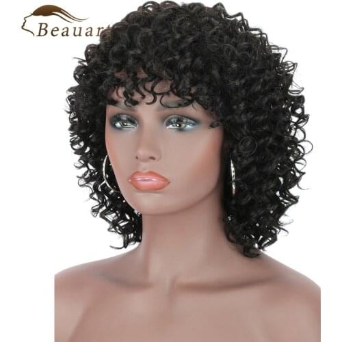 Beauart 100% Human Hair Afro Deep Kinky Curly Full Wig With Bangs Short Natural Fluffy Wigs For Black Women Bob Cut Machine Wigs