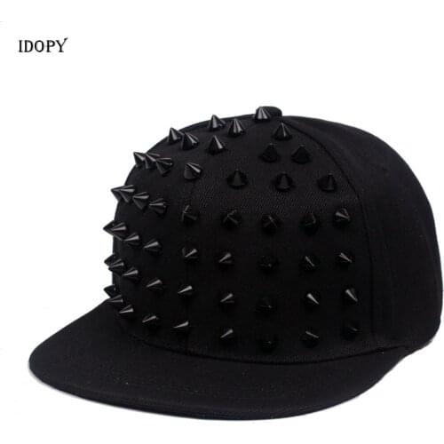 Idopy Men`s Studded Baseball Cap Cool Hip Hop Hedgehog Jazz Snapback Spike Street Style Punk Rivet Hat