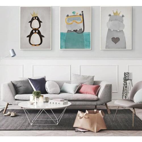 07G Nordic Cute Animal Hippo Penguin Polar Bear Portrait A4 A3 A2 Canvas Art Poster Painting Print Baby Room Home Wall Decor