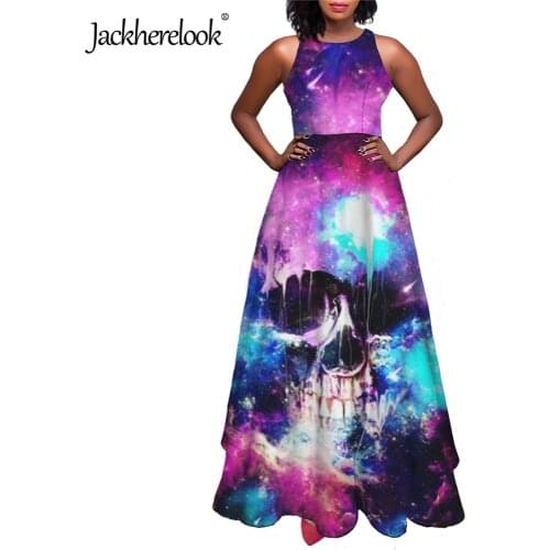 Jackherelook 3D Galaxy Skull Design Hot Sale Sleeveless Long Dresses for Girls Summer Sexy Beach Clothing O-neck Maxi Dress 2021