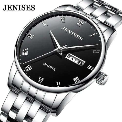 Jenises Business Quartz Watches for Men Stainless Steel Waterproof Wristwatch Week Date Display Male Clock New Trend Mens Watch