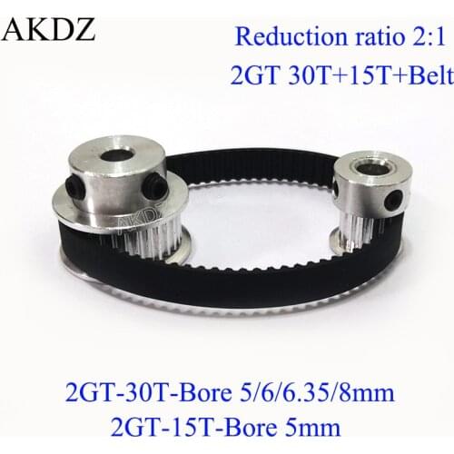 Timing Belt Pulley Set GT2 30 And 15 Teeth Reduction 2:1 Bore 5 6 6.35 8 Wheel Synchronous Belt Width 6mm CNC Parts