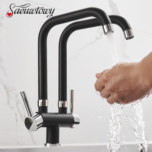 Kitchen Faucet Dual Water Outlet Hot And Cold Water Mixer Tap Deck Mount Rotate Spout Taps Black/Chrome Dual Handles Mixer Crane