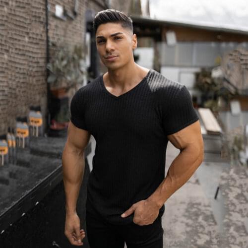 Prowow 2021 Summer Mens Sports Fitness Short-sleeved T-shirt V-neck Casual Slim Knit Sweater Tight-fitting Breathable T-shirt
