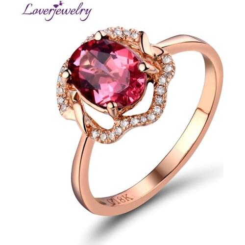 LOVERJEWELRY Engagement Ring Oval 6x8mm 18Kt Rose Gold Natural Diamond Pink Tourmaline Ring For Mother Birthday Gifts Jewelry