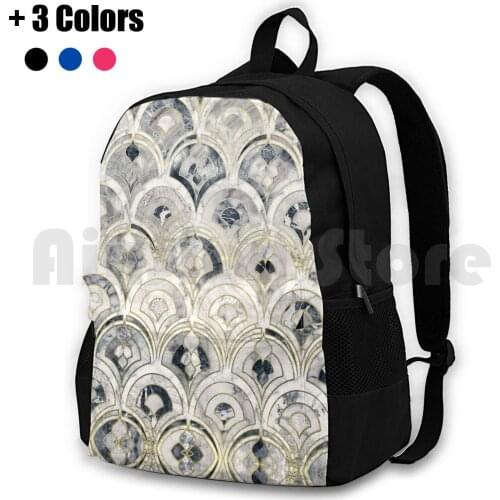 Monochrome Art Deco Marble Tiles Outdoor Hiking Backpack Waterproof Camping Travel Marble Mono Black And White Monochrome Light