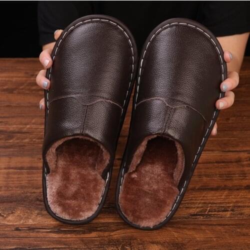 Mens Winter Indoor Slippers Pu Cotton Slipper Male Waterproof Non-slip Indoor Couple Home Shoes Winter Warm Shoes