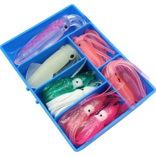 10pcs/Box Squid Soft Lure set pesca 8cm10cm11cm Night Fishing Lure Octopus Glow Rubber Hooks Skirt Artificial Bait Stick bait