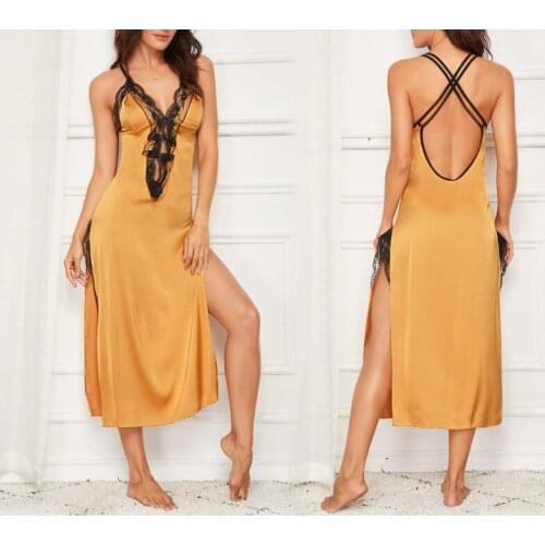 2021 New Summer Women Sexy Lingerie Sexy Deep V Lace Sling Knee-Length Skirt Long Split Nightdress