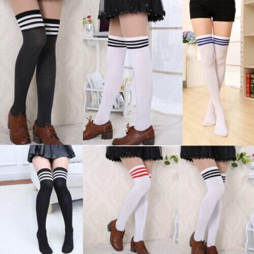 New Fashion Womens Girls Striped Stockings Kawaii Cute Opaque Knit Over Knee Thigh-High Stockings