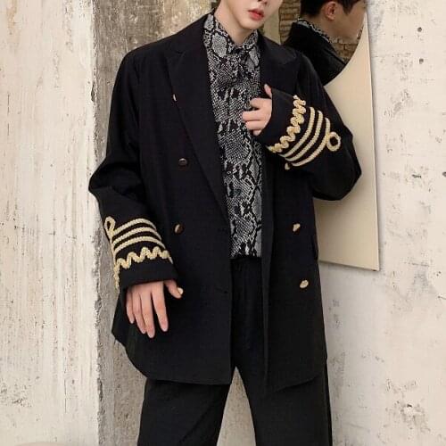 Hip Hop Streetwear Suit Jacket Outerwear Stage Blazer Hombre Vintage Double Breasted Loose Casual Suit Blazer Coat Uniform Male