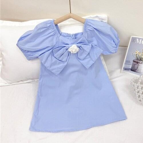 Hollead Girls Princess Dresses 2021 Summer New Kids Blue Puff Sleeve Bow Dress 2-8 Years Children Birthday Party Costume