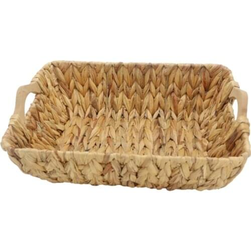 X6HD Handmade Woven Water Hyacinth Wicker Storage Basket with Wooden Handle Decorative Serving Tray Container Organizer