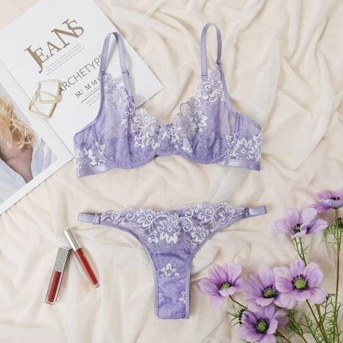 Three-point sexy breast-wrapped see-through lace lingerie female suit underwear set ultra thin hollow bra set with steel ring