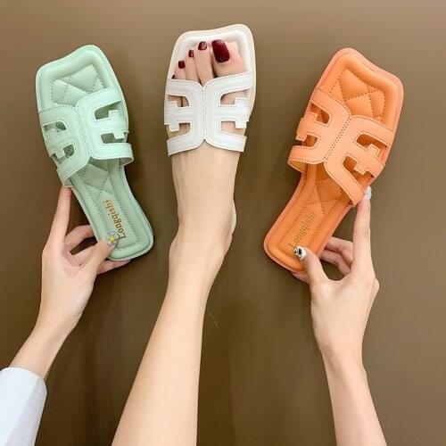 Womens Sandals 2021 New Square Toe Flat Bottom Shoes Women Fashion Female Shoes Summer Sandals Beach Shoes Women Flip Flop