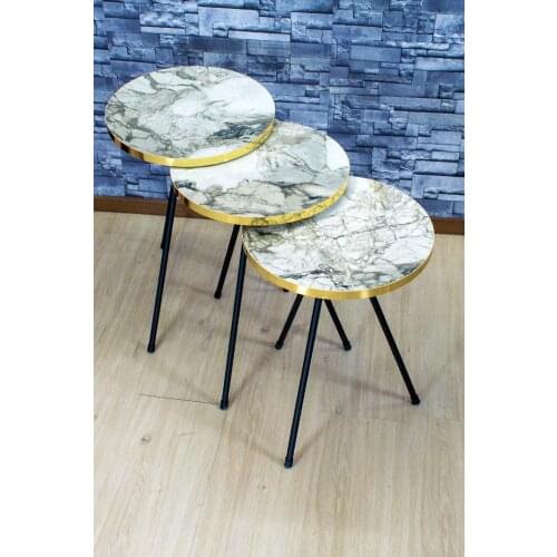 Zigon Coffee Table 3'lü Gold Metal Toe Cream Gold