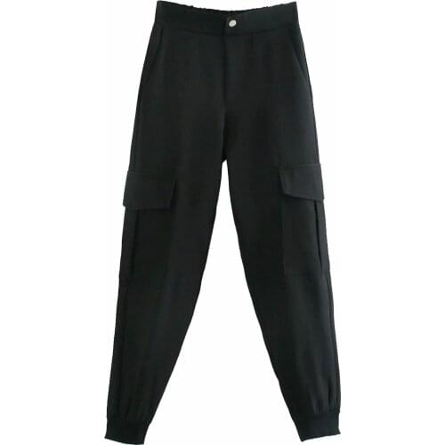 Spring 2021 New Black Pocket Casual Trousers Womens Elastic Waist Solid Sweat Pants High Waist Cargo Pants Female
