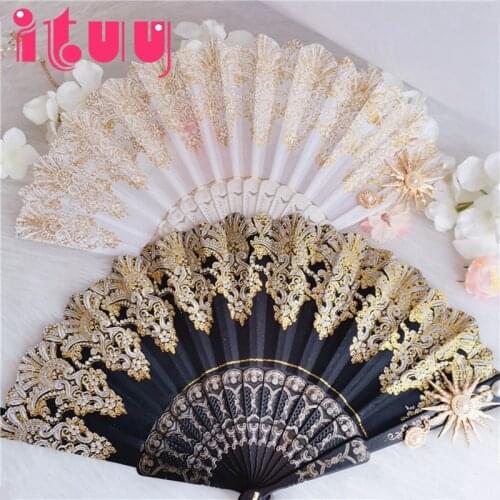 Harajuku Vintage Lolita Gothic Style Handmade Gold Stamping Lace Sun Cross Black White Hand-Held Fans Props