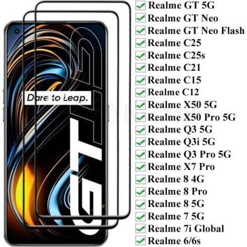2Pcs Full Cover Tempered Glass For Realme GT 5G Neo C25s C25 C21 C15 C12 Q3 Q3i 5G Screen Protector For Realme X50 5G 8 7 7i 6s