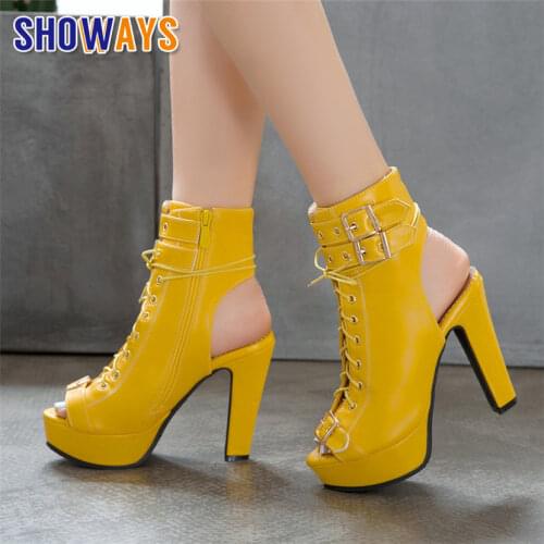 Summer Women Peep Toe Ankle Boots Red White Blue High Chunky Heel Office Party Lady Buckle Zipper Punk Platform Slingbacks Shoes