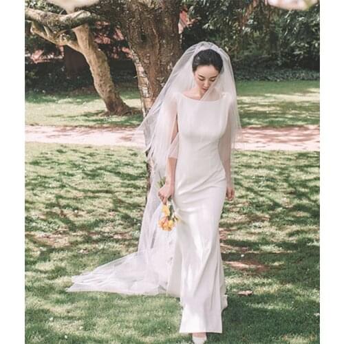 2021 Pretty Sweep Train Sheath Soft Satin Sleeveless Scoop Sexy Backless Simple Plain Wedding Dress Bride Gown Vestidos De Novia