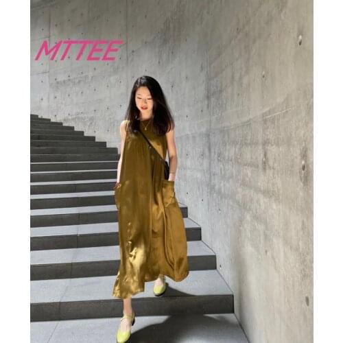 Gold Satin Midi Dress Long Party Dress Elegant Summer Dress 2021 Casual Vintage Women Long Dress Sleeveless Elegant Party Sexy