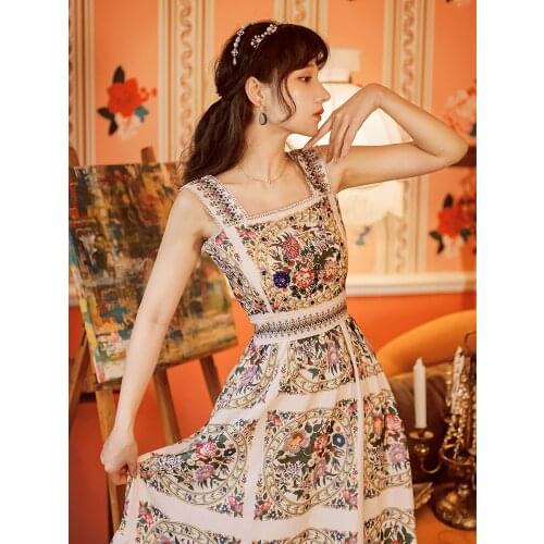 2021 Summer High Quality Luxury Runway Beaded Spaghetti Straps Dress Beading Vintage Print ] Tassels Sexy Long Dress