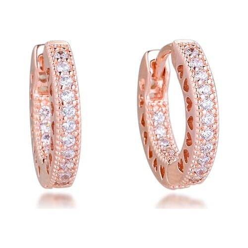 100% Real 925 Sterling Silver Earring Pavé Heart Hoop Ear Clear CZ Rose Gold Earrings For Women Fine Jewelry pendientes bijoux