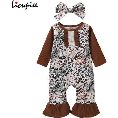0-12 Months Print Bodysuits 2 Pcs Newborn Animal Print Outfits, Infant Ruffle Long Sleeve Round Neck Jumpsuit + Bowknot Headband