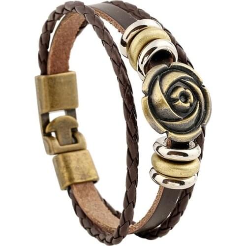 Fashion handmade genuine leather & alloy wrist bracelet bangle cuff unique charm men women best gift rose flower beads bracelets