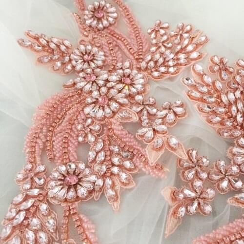 Baby Pink Rhinestone Beaded Lace Applique Pair , Wedding Gown Bridal Dress Emebllishment Accessories ,Crystal Beaded Birdal