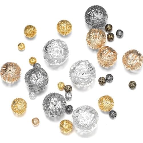 10-200pcs/lot 4-20mm Gold Metal Round Seed Spacer Beads Filigree Hollow Bead For DIY Bracelet Necklace Jewelry Makings Supplies