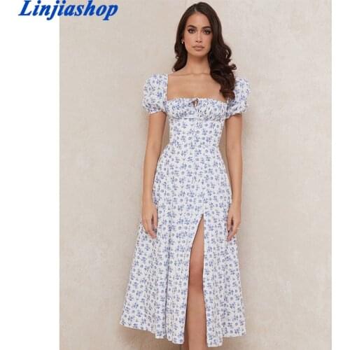 Linjiashop spring summer women midi dress floral print vintage cotton short sleeves zipper long party dresses femme vestidos